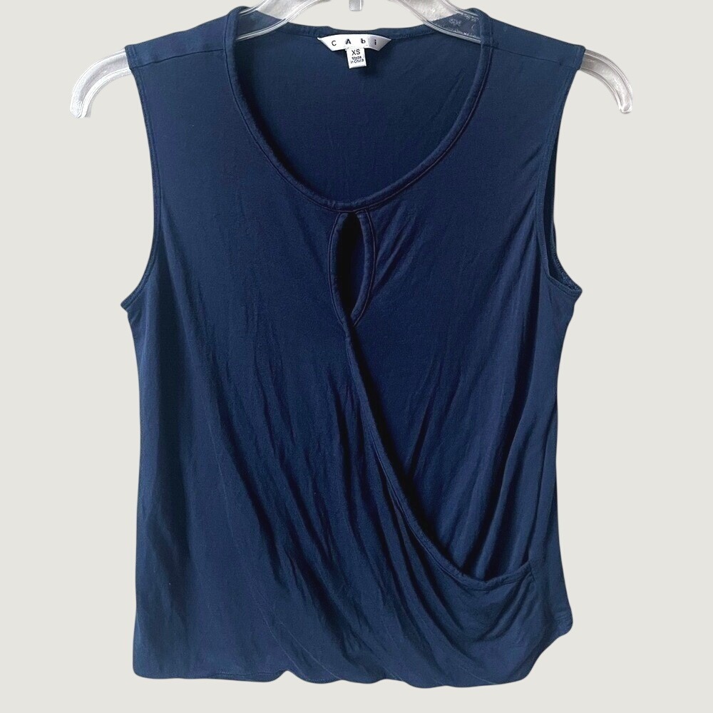 Cabi Womens XS Navy Blue Faux Wrap Draped Sleeveless Tank Top